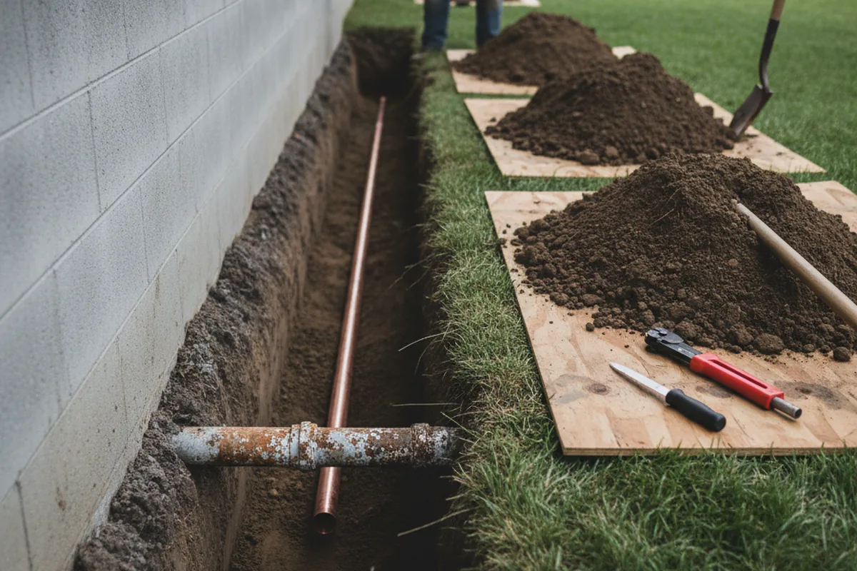 Excavated water line trench during Sewer Line Repair in Archie